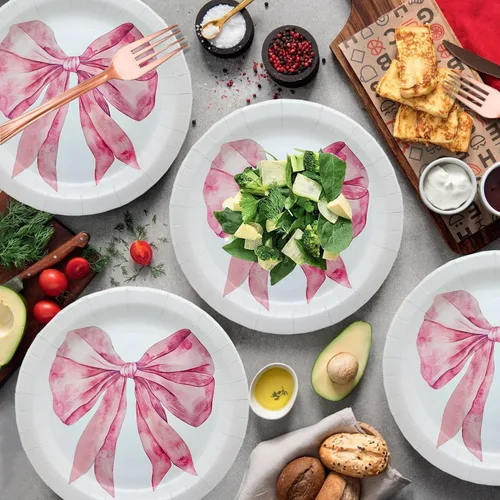 Miniatura 3 de 100 piezas de suministros para fiesta de cumpleaños con lazo rosa, juego de vajilla de lazo rosa de 9 y 7 pulgadas, platos de lazo rosa, tazas