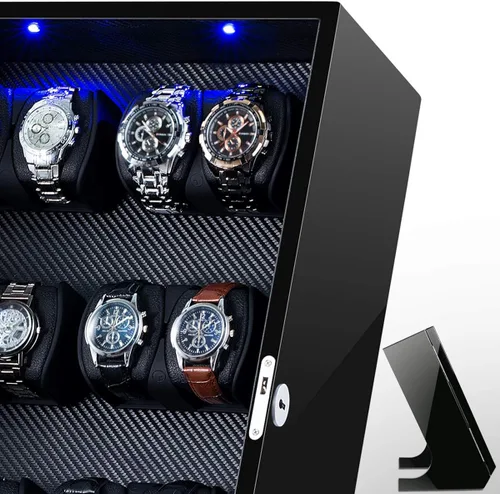 Miniatura 5 de TEEMING Caja de almacenamiento automática para 12 bobinadoras de relojes + 2 vitrinas de relojes, funda giratoria para relojes, motor silencioso