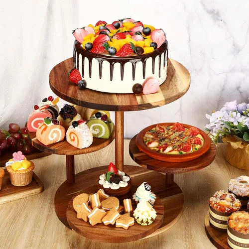 Miniatura 4 de Hushee Juego de 4 soportes redondos de madera para cupcakes con bandejas para servir, bandeja de madera de 4 niveles para pasteles con 1 plato
