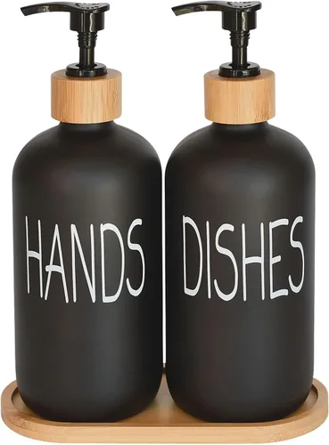 Juego de dispensadores de jabón de vidrio. Para manos y platos con bandeja de bambú. Bomba vintage para fregadero de cocina y baño. Etiquetas Negro