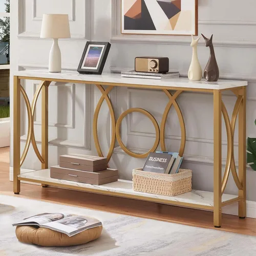 HOMISSUE Mesa consola de sofá, moderna mesa consola dorada con mesa de mármol sintético, mesas de entrada de madera de ingeniería con almacenamiento