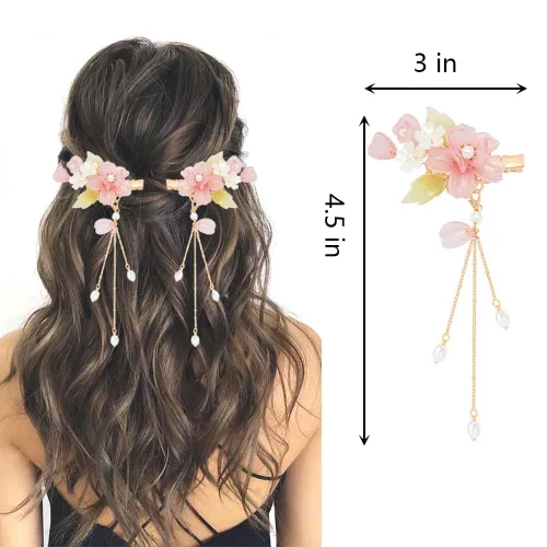 Miniatura 2 de 2pcs Retro Rosa Flor Horquilla Duckbill Clips Pasadores de Pelo Borla Colgante Accesorios para el Cabello MGPFERD