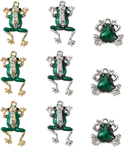 KISSITTY 18 unids/caja de dijes de rana esmaltada con diamantes de imitación de rana verde, 3 estilos de dijes de animales de metal de