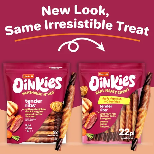 Miniatura 2 de Hartz Oinkies Costillas Tiernas con Pollo Real, Pato y Verduras, Golosinas para Perros Sabor a Mantequilla de Maní Sin Cuero Crudo, Masticables