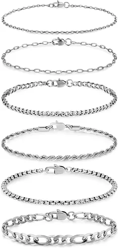 Honsny 6 pulseras de acero inoxidable para mujeres y hombres, chapado en oro de 14 quilates, cadena de clip de eslabones cubanos delicados de