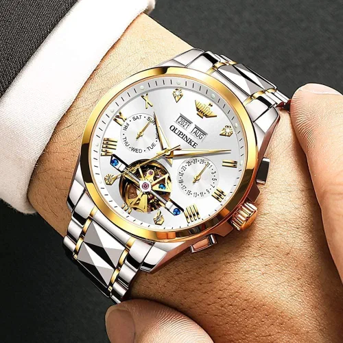 Miniatura 2 de OLEVS Relojes mecánicos automáticos de esqueleto para hombre, 5ATM, impermeable, tungsteno, acero inoxidable, cuerda automática, relojes de pulsera