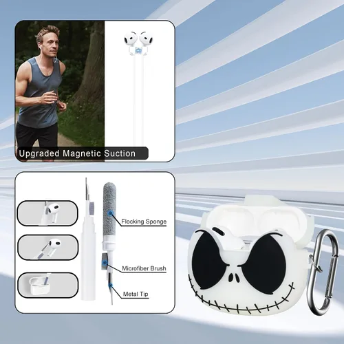 Miniatura 6 de Bonita funda de calavera para AirPods Pro de 2ª/1ª generación con correa magnética, kit de bolígrafo limpiador, diseño de animales divertidos