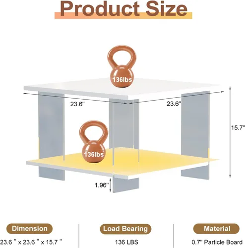 Miniatura 2 de HedoAjim Mesa de café de 24" de acrílico con tablero de madera blanca, mesa central minimalista y moderna de estilo cuadrado para la sala de estar
