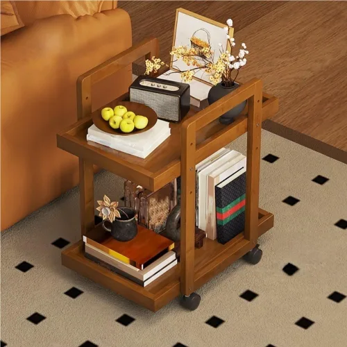 Miniatura 8 de Mobile Coffee Table, Wood Frame Side Table, Storage Table with Universal Wheels, 2-Tier End Table for Living Room, Bedroom, Small Space