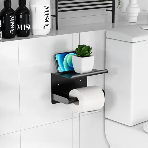 Miniatura 6 de GLNLQ Soporte de papel higiénico negro mate con estante, se adapta a Mega Rollos, acero inoxidable a prueba de óxido, soporte de rollo de papel
