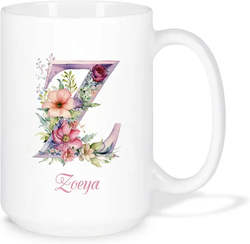 Miniatura 24 de Taza de café personalizada de la letra A del alfabeto, Taza de café blanca con nombre personalizado único, Taza inicial de monograma floral