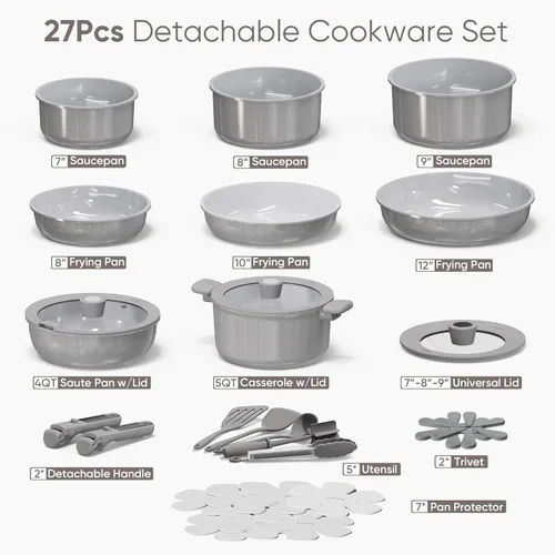 Miniatura 2 de CAROTE Juego de 27 piezas de utensilios de cocina de cerámica antiadherentes, juego de ollas y sartenes antiadherentes, utensilios de cocina no Verde