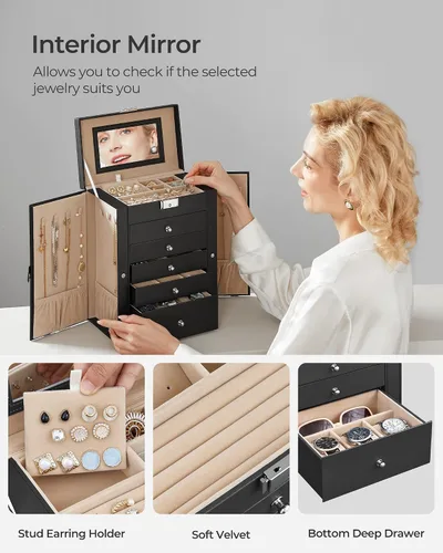 Miniatura 5 de SONGMICS Joyero de 6 niveles joyero con 5 cajones gran capacidad de almacenamiento con espejo bloqueable organizador de almacenamiento de joyas