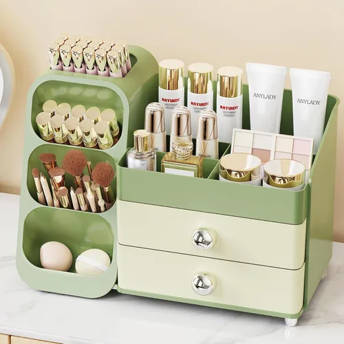 Anylady Organizador de maquillaje de gran capacidad con soporte para brochas de maquillaje para tocador, material grueso, organizador de encimera de
