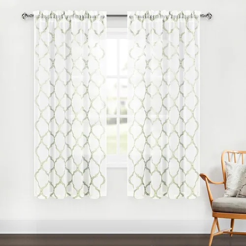 DWCN - Cortinas traslúcidas verde salvia de lino sintético con diseño marroquí bordado - Cortinas de lino sintético semi voile para dormitorio y