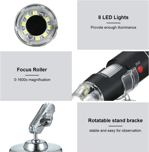 Miniatura 5 de Andoer Microscopio digital USB 1600X cámara de aumento 8 LED con soporte portátil de inspección de mano lupa