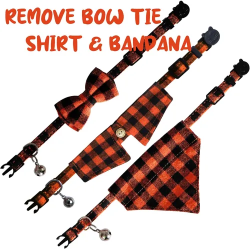 Miniatura 3 de STMK Paquete de 3 collares navideños para gatos con campana, para Halloween, día de Acción de Gracias, gato, gatito, con corbatín, bandana, camisa