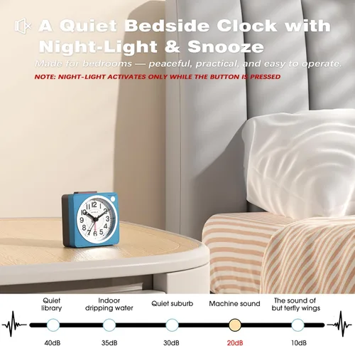 Miniatura 6 de AYRELY® Reloj despertador analógico de viaje ultra pequeño de 2.6 x 1.4 pulgadas, silencioso, sin tictac, con repetición y luz, reloj retro de Azul