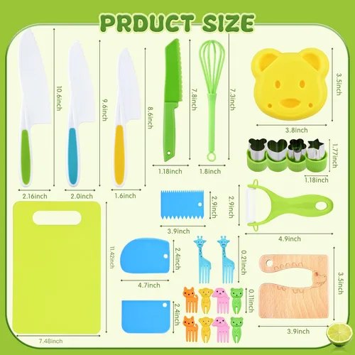 Miniatura 4 de Hilsoeet 26 piezas cuchillos para niños para cocinar de verdad, juego de cuchillos de cocina de madera para niños incluye 4 cuchillos de plástico