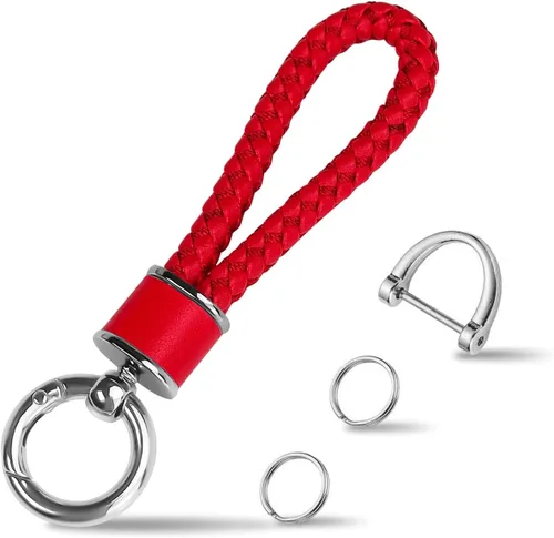 Tukellen Llavero de tejido de cuero para automóvil, llavero de regalo para mujer, con anillo en D giratorio de 360 grados y destornillador, Rojo -