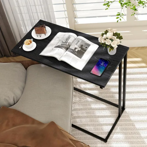 Miniatura 6 de Mesa auxiliar en forma de C, moderna mesa auxiliar con marco de metal, diseño que ahorra espacio para sala de estar, mesa de sofá de superficie Negro