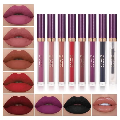 Miniatura 10 de QiBest 7 piezas de lápiz labial líquido mate y 1 pieza de set de maquillaje para labios voluminizadores, set de maquillaje de labios pigmentado