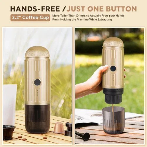 Miniatura 6 de Máquina de café espresso portátil para viajes, carga USB-C, cafetera eléctrica autocalentable, mini cafetera de 19 bar sobre la marcha para Dorado