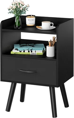 Miniatura 10 de Yoobure - Mesita de noche moderna con cajón, mesas de cabecera, mesitas de noche de mediados de siglo con estante de almacenamiento abierto, mesa