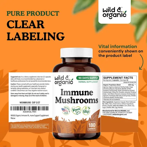 Miniatura 7 de Wild & Organic Cápsulas de mezcla de hongos inmunes – 8 suplementos de complejo de hongos para apoyo inmunológico con cola de pavo, polvo de chaga