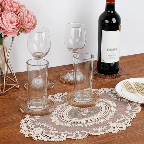 Miniatura 2 de Juego de 5 posavasos modernos transparentes de cristal para bebidas, posavasos redondos y elegantes, bonitos posavasos para mesa de café para Ámbar