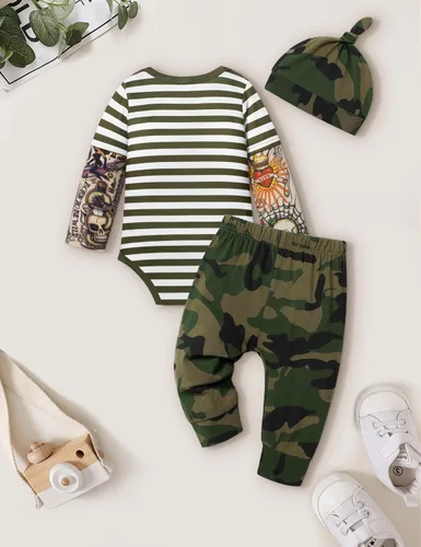 Miniatura 18 de Conjunto de 3 piezas de ropa para bebé y niño, manga de tatuaje, mameluco divertido y pantalones