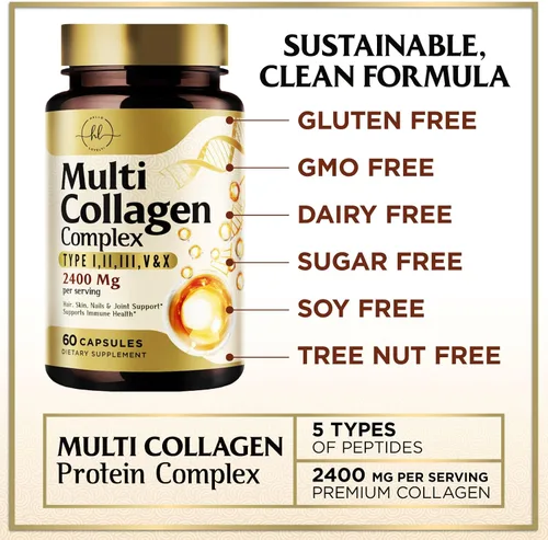 Miniatura 7 de Suplemento de colágeno múltiple de 2400 mg, el mejor complejo de colágeno hidrolizado para mujeres y hombres, con péptido tipo I, II, III, V, X