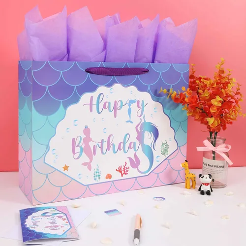 Miniatura 5 de Qirrmiy Juego de bolsas de regalo de cumpleaños de sirena extra grande de 16.5 pulgadas con asas, tarjeta de felicitación, papeles de seda morados