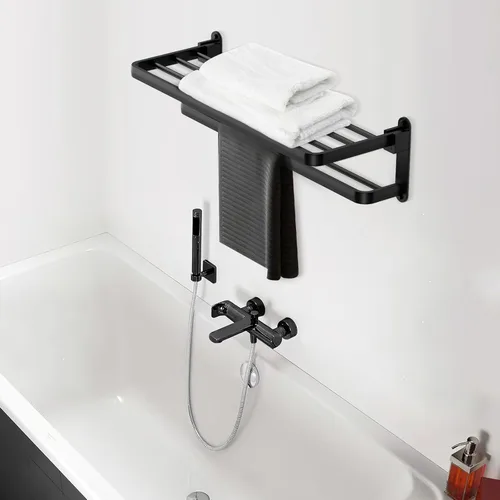 Miniatura 6 de BOZWELL Toallero de baño con dos barras para toallas, porta toallas de 16 pulgadas (40 cm) con estante BZ305-A (Negro mate)