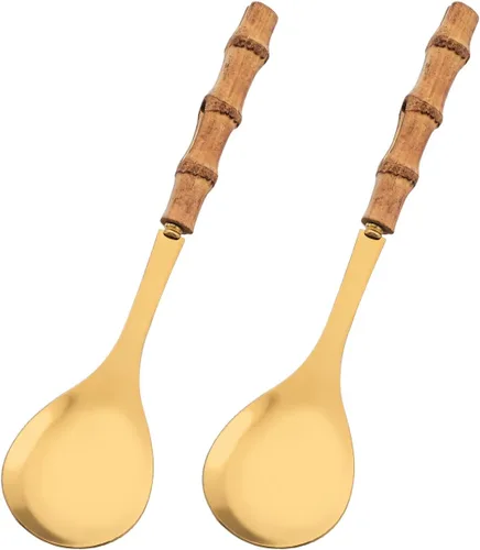 Miniatura 10 de Juego de 2 cucharas de servir de acero inoxidable de 10.0 pulgadas con mango de bambú natural, grandes utensilios plateados para servir, cucharón