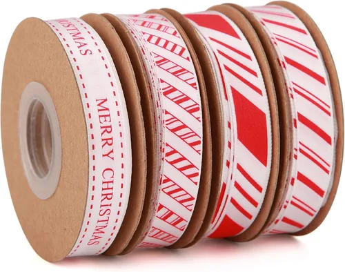 Miniatura 12 de Meseey 4 rollos de cinta de algodón de menta de caramelo de Navidad de 20 yardas y 5/8 pulgadas a rayas rojas y blancas para envolver regalos