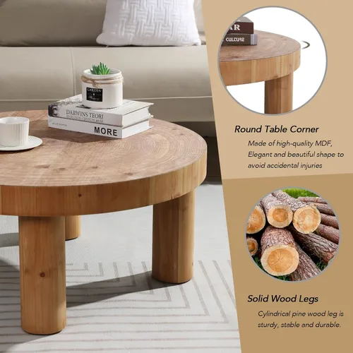 Miniatura 5 de RUSTOWN Mesa auxiliar redonda de 2 piezas, juegos de mesa auxiliar rústica, acabado de anillo de madera circular con patas de madera maciza, juego