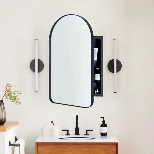 Miniatura 11 de Botiquín de baño empotrado en arco dorado cepillado con espejo de acero inoxidable con marco de metal rectangular con espejo de 16 x 28.3 pulgadas