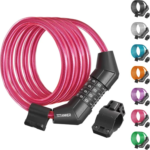 Miniatura 14 de Titanker Cable de bloqueo de bicicleta, bloqueo de cable de bicicleta de 4 pies, bloqueo de bicicleta autoenrollable básico para niños, combinación