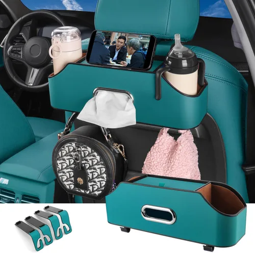Miniatura 11 de HOLDCY Organizador de asiento trasero de automóvil con 2 portavasos para bebidas, caja de pañuelos y gancho para caja de almacenamiento, Beige