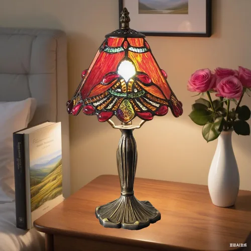 Miniatura 6 de Tiffany - Lámpara de mesa con perlas rojas, estilo barroco, vitral, luz de escritorio, pequeña lámpara de noche estilo Tiffany con bombilla LED