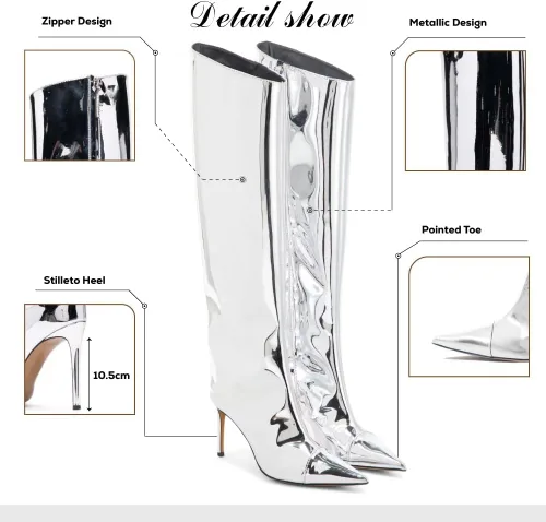 Miniatura 4 de Ancomafio Botas metálicas hasta la rodilla y botines para mujer, tacón de aguja, botas de espejo puntiagudas, botines elegantes con cremallera
