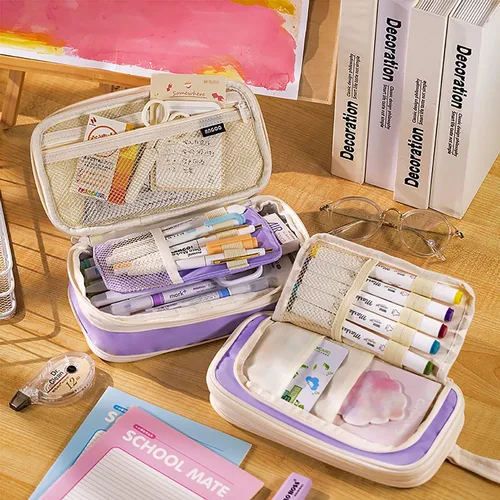 Miniatura 2 de Estuches para lápices de gran capacidad, 4 compartimentos, estuche estético grande para niñas y mujeres, estuche portátil con asa, organizador