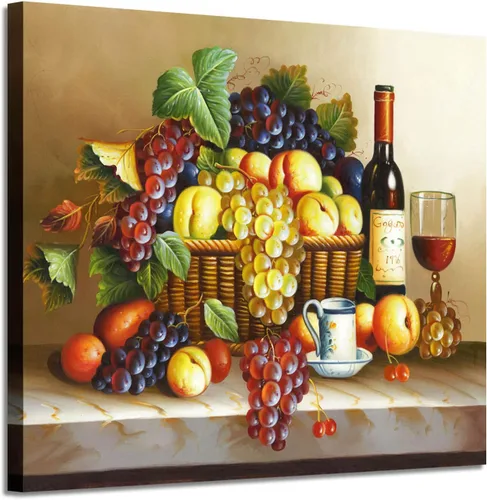 Miniatura 10 de ARTISTIC PATH Arte de Pared en Lienzo de Comida Retro - Cuadro Vintage de Frutas Burdeos Colorido Melocotón Uva Pintura Antigua Impresiones de Arte