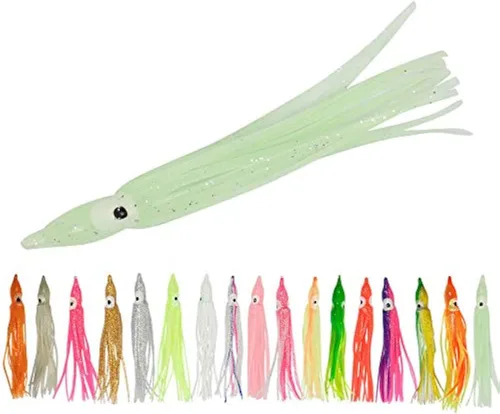 Miniatura 3 de Juego de 50 señuelos de pesca de pulpo de plástico suave brillante para pesca de agua salada, señuelos de pesca suaves para lubina, salmón, trucha