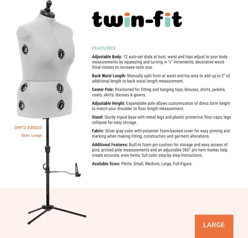 Miniatura 2 de Dritz Maniquí de Vestido Ajustable Twin-Fit Talla Grande, Tallas US 18–22, Maniquí de Costura Femenino con Torso Corporal Sujetable con Alfileres