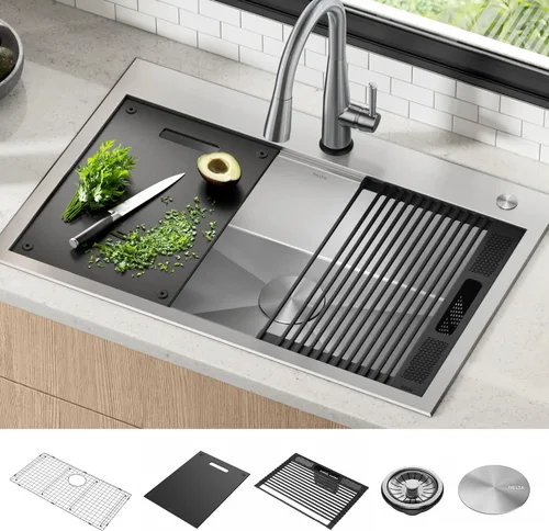 Miniatura 2 de DELTA, Rivet - Lavaplatos de cocina de 33 pulgadas con estación de trabajo, montaje superior, acero inoxidable de calibre 16, cuenco individual +
