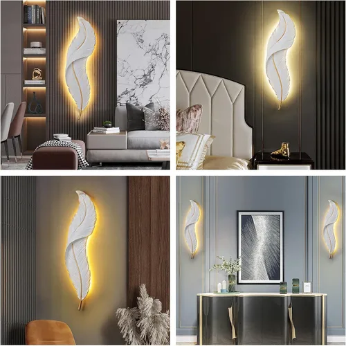 Miniatura 4 de DJAMEL : Aplique de pared creativo, luz de pared decorativa de plumas de resina blanca, lámpara LED para interiores, sala de estar, dormitorio