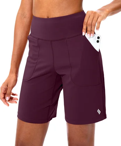 SANTINY Bermudas para mujer con bolsillo con cremallera para mujer, pantalones cortos largos de cintura alta para correr, entrenamiento, atletismo