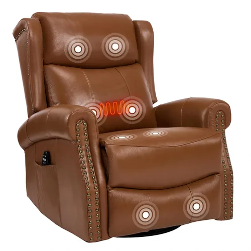 Miniatura 16 de PELUMY Silla reclinable giratoria de cuero transpirable para adultos, balancín giratorio de 360° con masaje térmico y vibratorio, silla de descanso